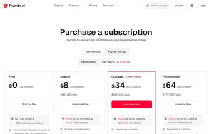 Thumbs.ai pricing page homepage screenshot, image generation AI tool