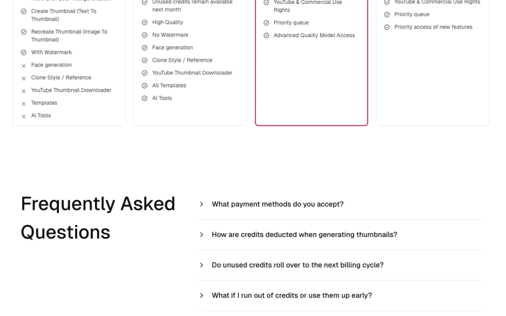 Thumbs.ai pricing page with plans and prices — screenshot of the image generation AI tool, Oct 1, 2026