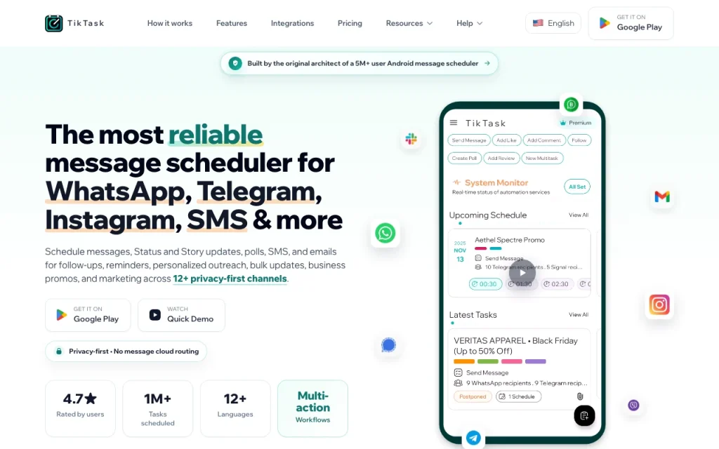 TikTask Startseite – Screenshot des KI-Tools produktivität & schreiben, Oct 2, 2026