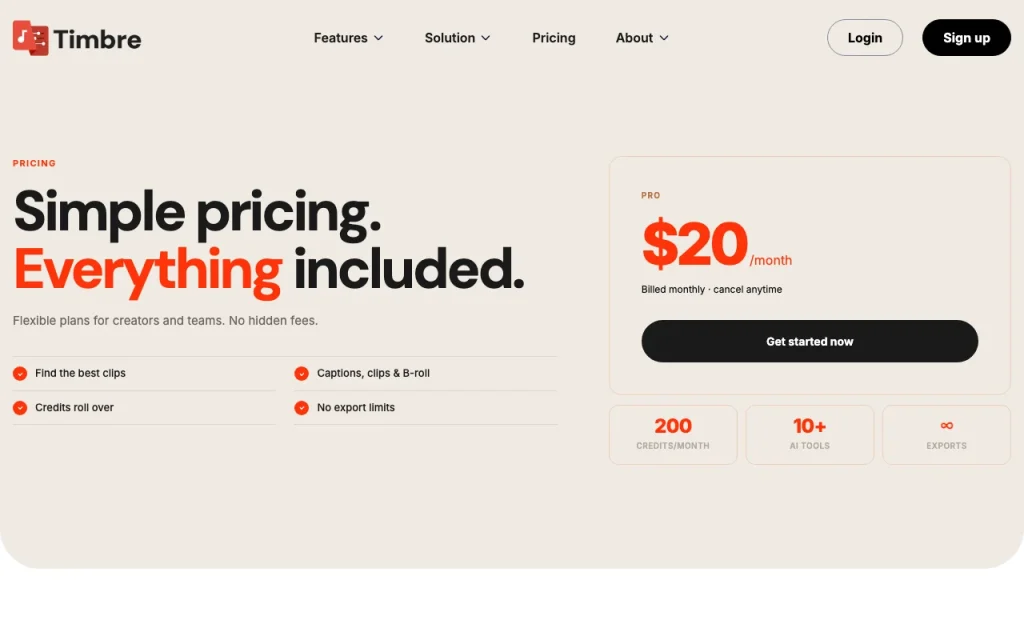 Timbre pricing page with plans and prices — screenshot of the video AI tool, Oct 1, 2026