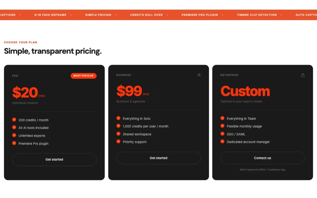 Timbre pricing page with plans and prices — screenshot of the video AI tool, Oct 1, 2026