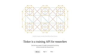 Tinker (Thinking Machines Lab) homepage — screenshot of the coding AI tool, 2026-10-02