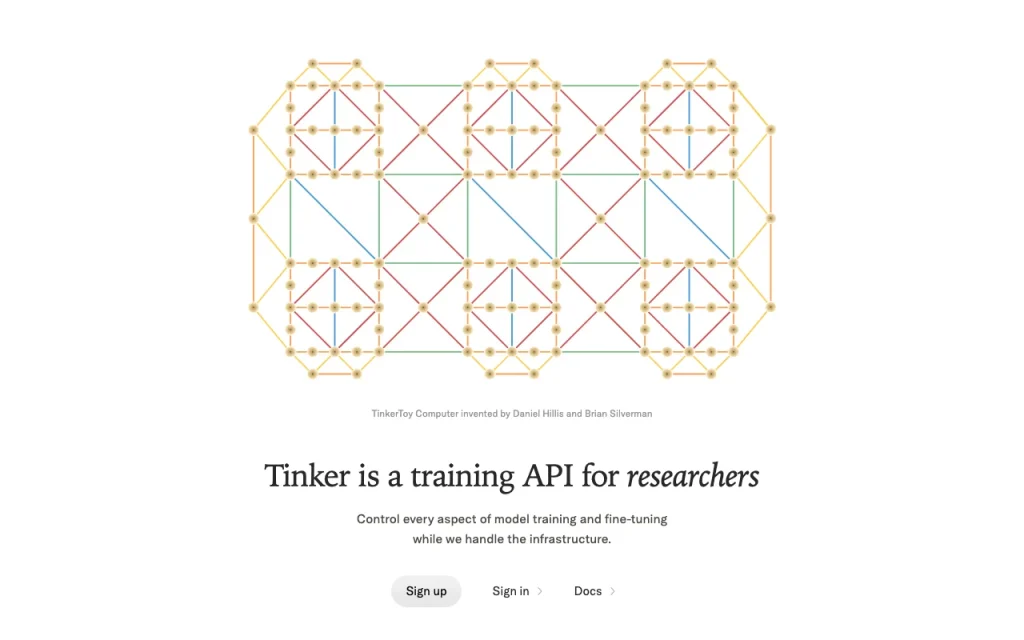 Tinker (Thinking Machines Lab) página inicial: captura de tela da ferramenta de IA programação, Oct 13, 2026