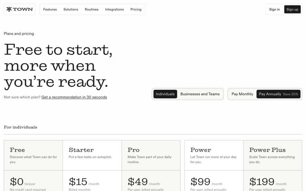 Town pricing page with plans and prices — screenshot of the productivity & writing AI tool, Oct 2, 2026