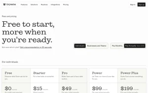 Town pricing page with plans and prices — screenshot of the productivity & writing AI tool, 2026-10-02