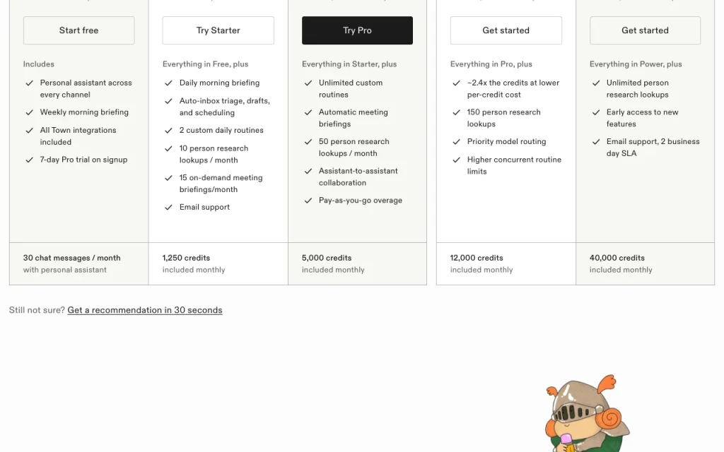 Town pricing page with plans and prices — screenshot of the productivity & writing AI tool, Oct 2, 2026