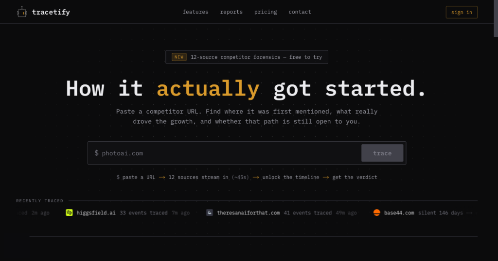 Captura de la página de inicio de Tracetify, herramienta de IA investigación y búsqueda