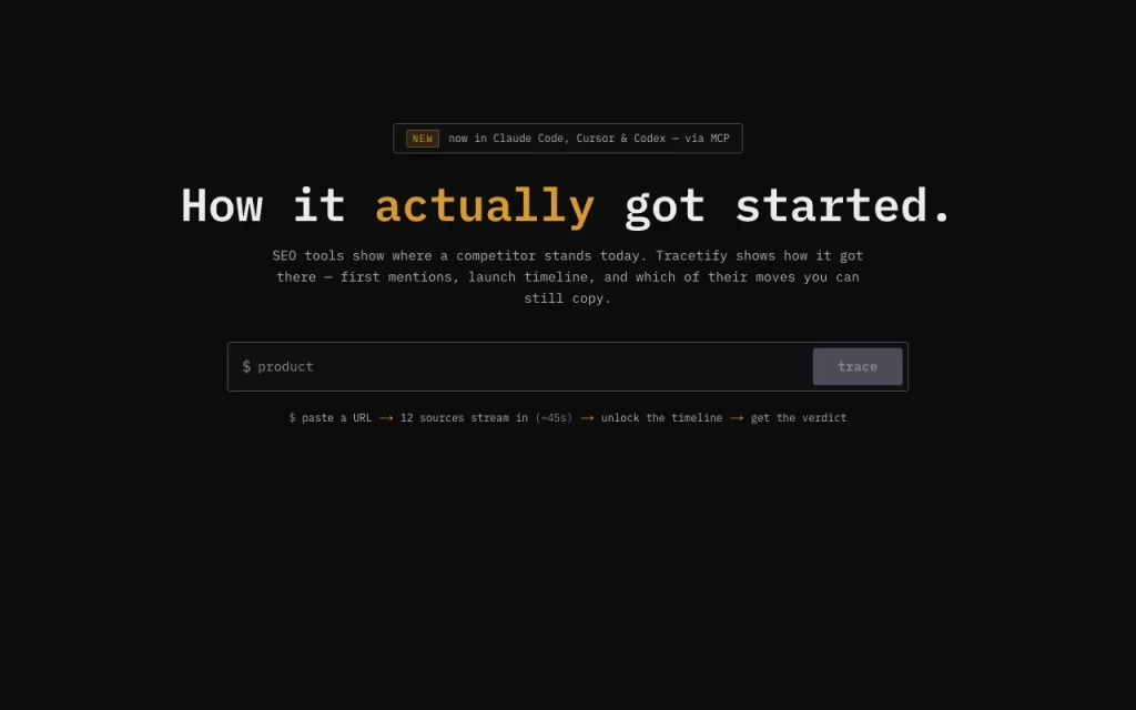 Tracetify página principal — captura de pantalla de la herramienta de IA investigación y búsqueda, Oct 1, 2026