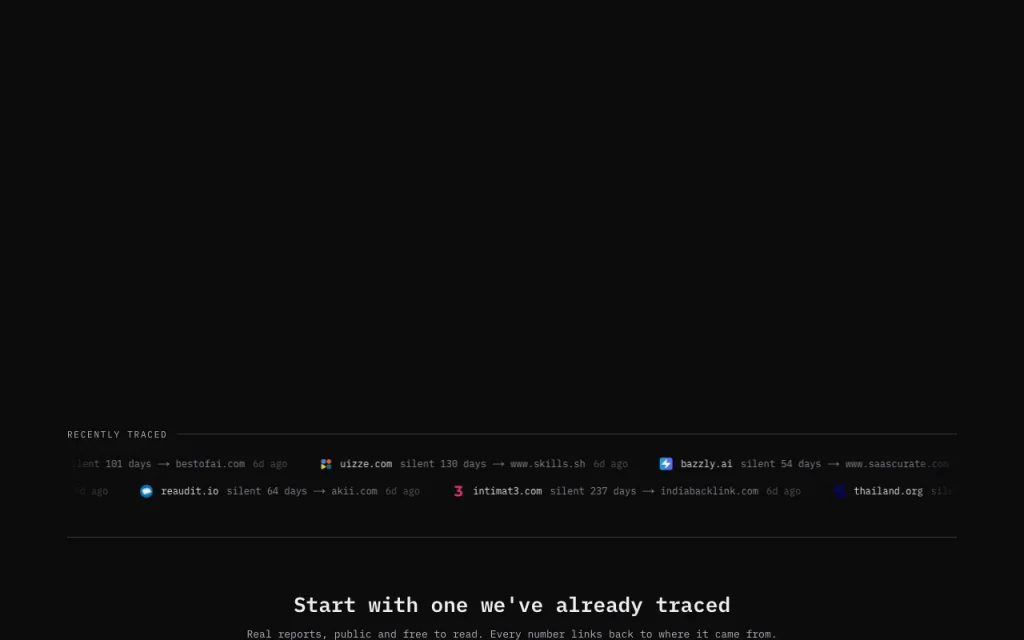Tracetify página principal — captura de pantalla de la herramienta de IA investigación y búsqueda, Oct 1, 2026