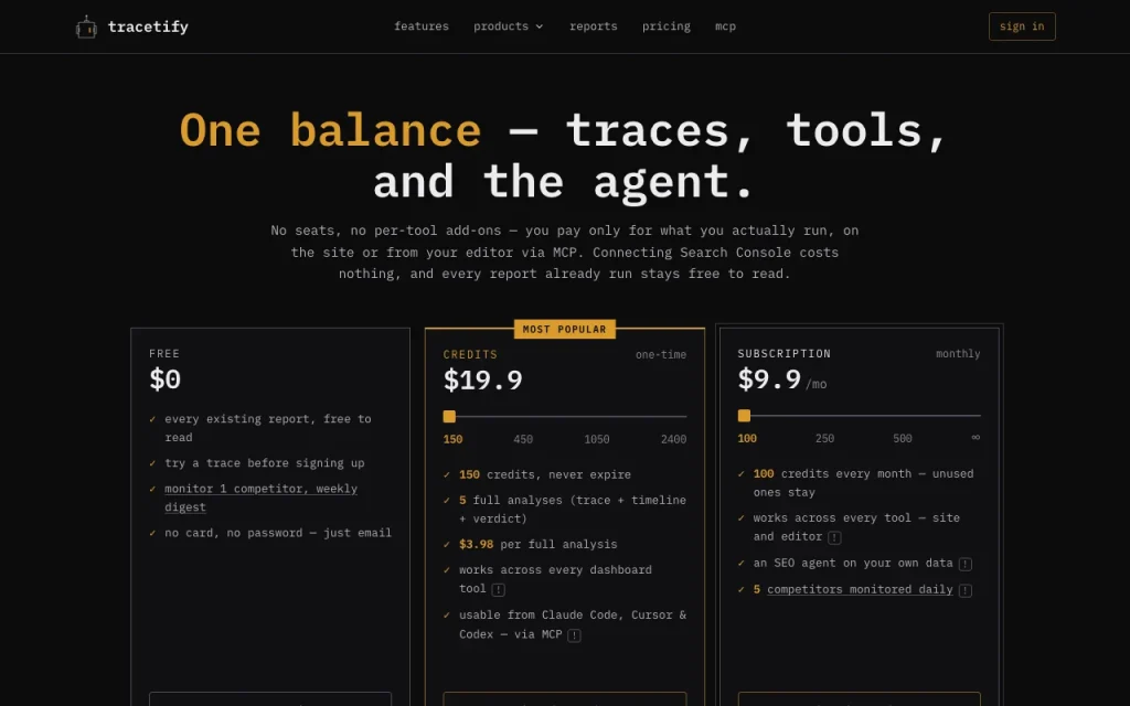 Tracetify página de precios con planes y precios — captura de pantalla de la herramienta de IA investigación y búsqueda, Oct 1, 2026