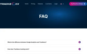 Trackboxx FAQ page — screenshot of the research & search AI tool, 2026-10-02
