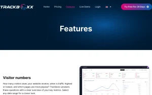 Trackboxx features page — screenshot of the research & search AI tool, 2026-10-02