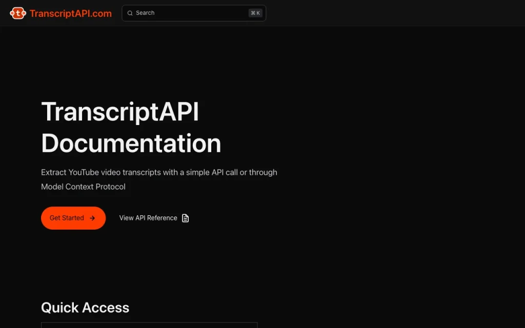 TranscriptAPI API documentation — screenshot of the coding AI tool, Oct 2, 2026