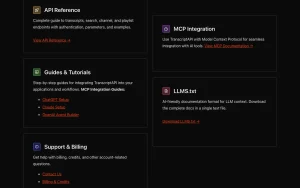 TranscriptAPI API documentation — screenshot of the coding AI tool, 2026-10-02