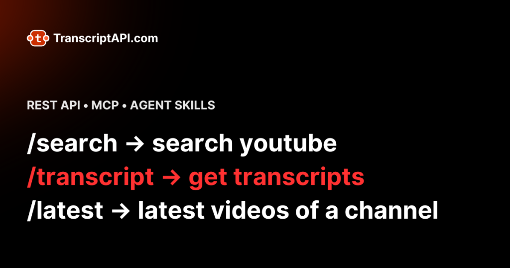 TranscriptAPI homepage screenshot, coding AI tool