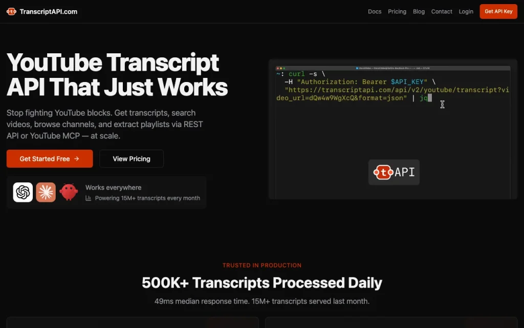 TranscriptAPI Startseite – Screenshot des KI-Tools coding, Oct 2, 2026