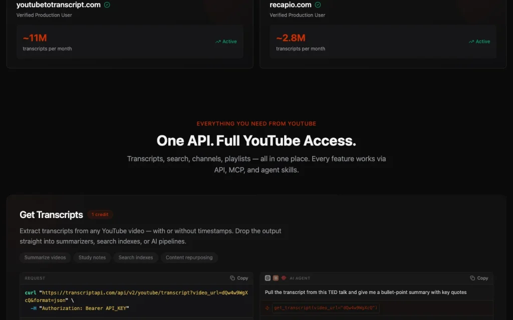 TranscriptAPI homepage — screenshot of the coding AI tool, Oct 2, 2026