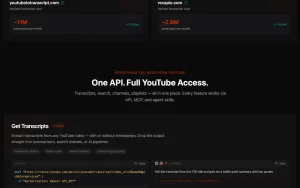 TranscriptAPI homepage — screenshot of the coding AI tool, 2026-10-02