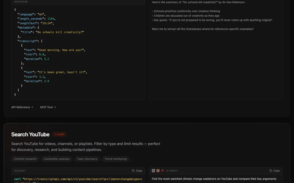 TranscriptAPI homepage — screenshot of the coding AI tool, Oct 2, 2026