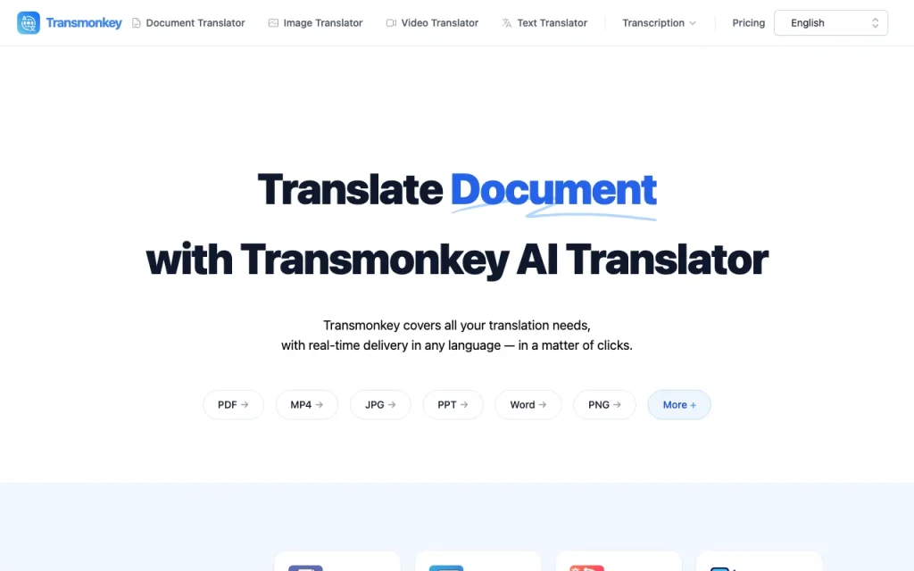 Transmonkey homepage — screenshot of the productivity & writing AI tool, Oct 1, 2026