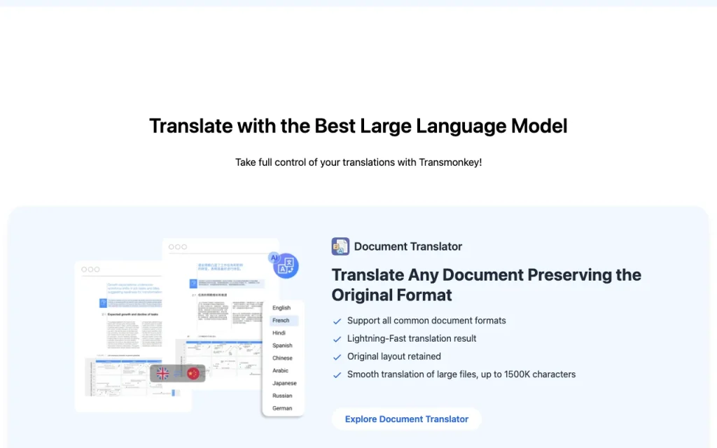 Transmonkey página principal — captura de pantalla de la herramienta de IA productividad y escritura, Oct 1, 2026