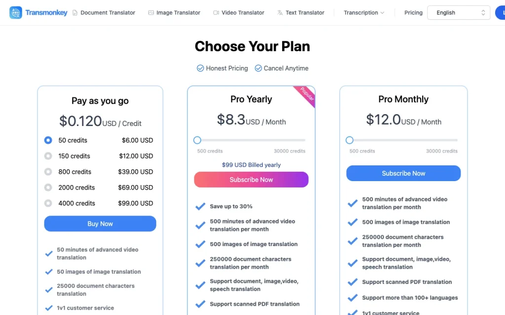 Transmonkey página de precios con planes y precios — captura de pantalla de la herramienta de IA productividad y escritura, Oct 1, 2026