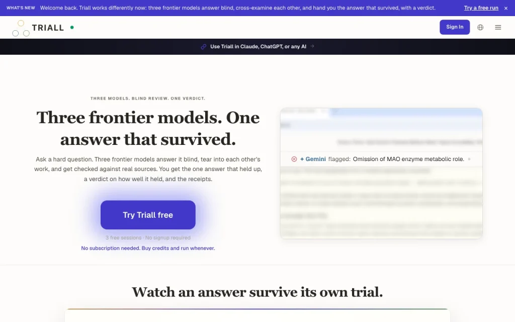 Triall homepage — screenshot of the chat assistants AI tool, Oct 1, 2026