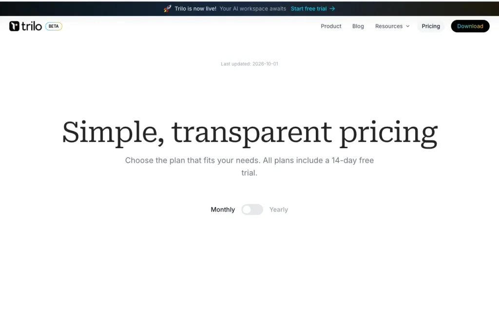 Trilo página de precios con planes y precios — captura de pantalla de la herramienta de IA productividad y escritura, Oct 1, 2026
