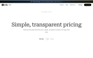 Trilo pricing page homepage screenshot, productivity & writing AI tool