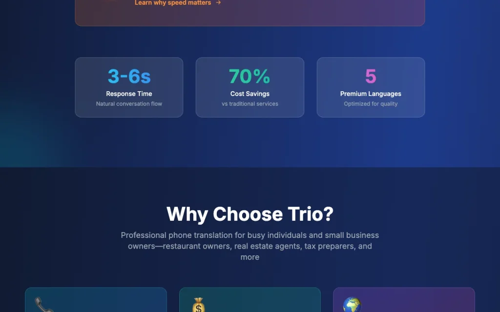 Trio (Trio Inc. AI Phone Interpreter) homepage — screenshot of the audio & voice AI tool, Oct 1, 2026