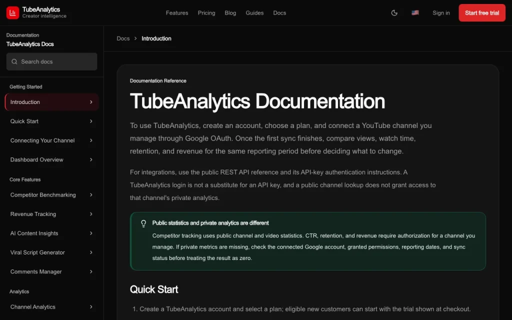 TubeAnalytics documentación — captura de pantalla de la herramienta de IA investigación y búsqueda, Oct 1, 2026