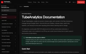 TubeAnalytics docs page homepage screenshot, research & search AI tool