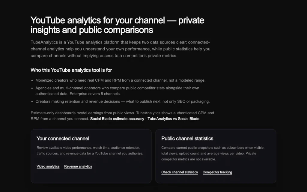 TubeAnalytics página principal — captura de pantalla de la herramienta de IA investigación y búsqueda, Oct 1, 2026
