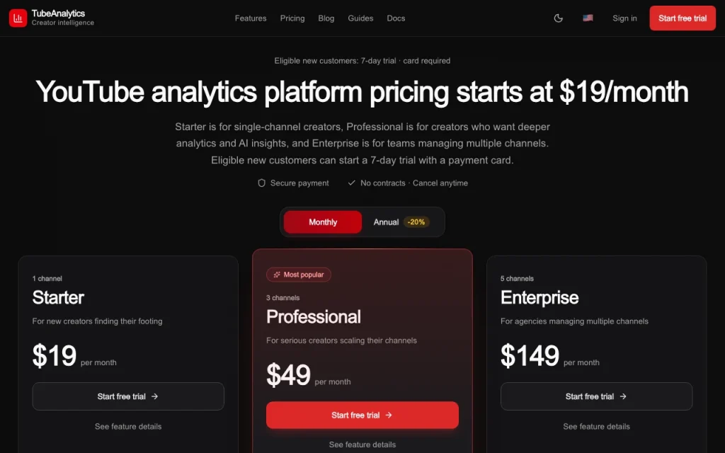 TubeAnalytics página de precios con planes y precios — captura de pantalla de la herramienta de IA investigación y búsqueda, Oct 1, 2026