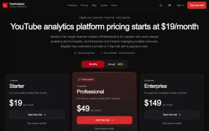 TubeAnalytics pricing page homepage screenshot, research & search AI tool