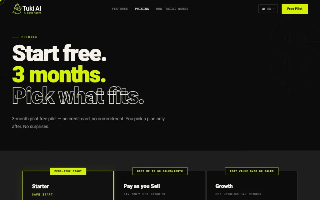 TukiAI pricing page with plans and prices — screenshot of the productivity & writing AI tool, Oct 2, 2026