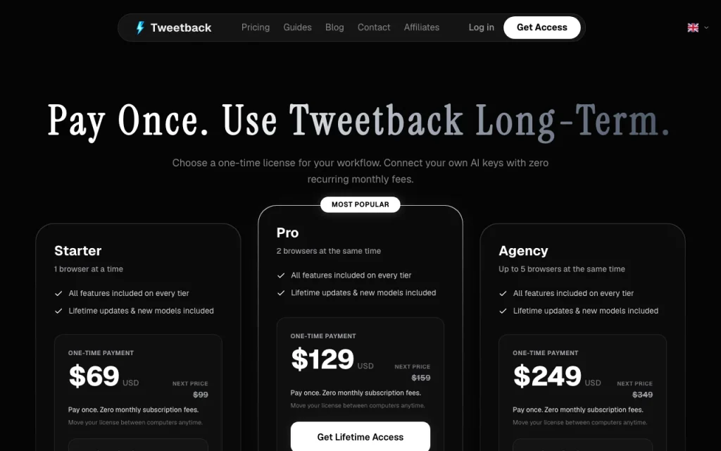 Tweetback pricing page with plans and prices — screenshot of the productivity & writing AI tool, Oct 2, 2026