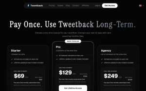 Tweetback pricing page with plans and prices — screenshot of the productivity & writing AI tool, 2026-10-02