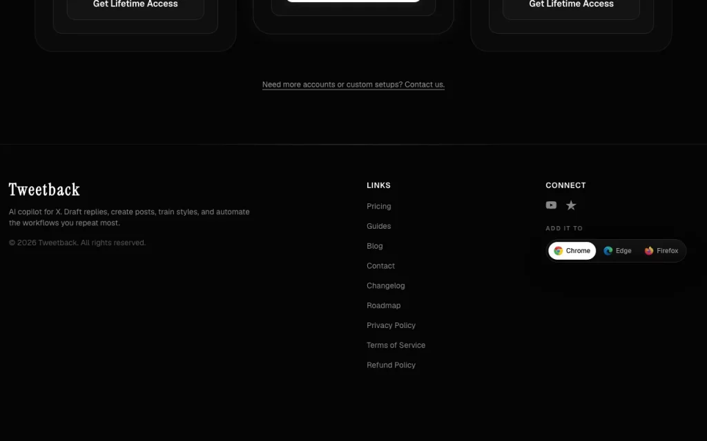 Tweetback pricing page with plans and prices — screenshot of the productivity & writing AI tool, Oct 2, 2026