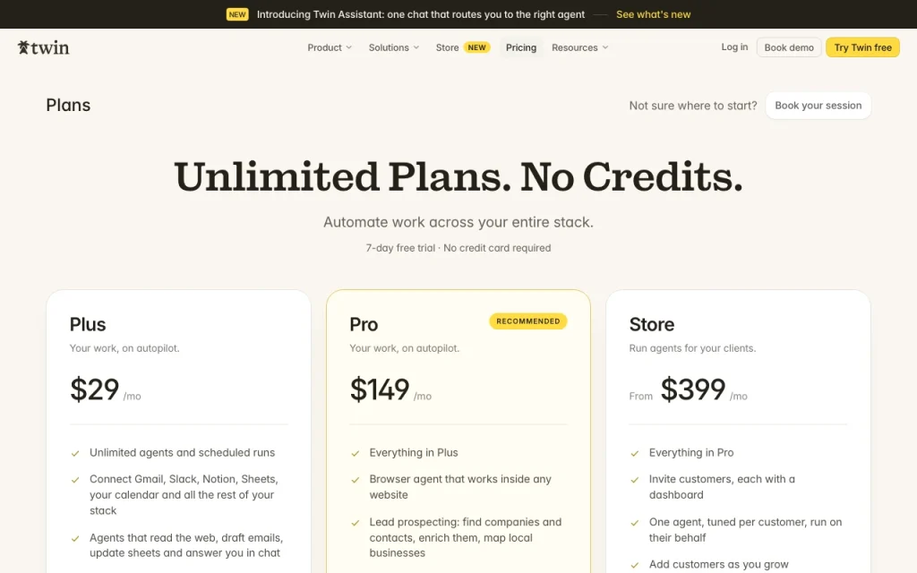 Twin pricing page with plans and prices — screenshot of the productivity & writing AI tool, Oct 1, 2026