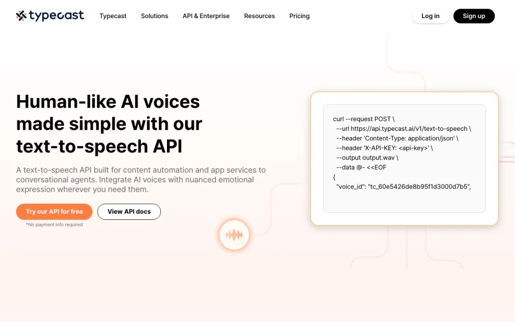 Typecast API page d'accueil — capture d'écran de l'outil d'IA audio et voix, Oct 1, 2026