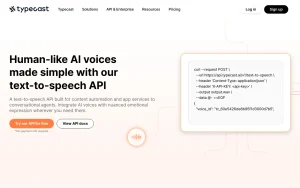 Typecast API homepage — screenshot of the audio & voice AI tool, 2026-10-01