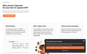 Typecast API homepage — screenshot of the audio & voice AI tool, 2026-10-01