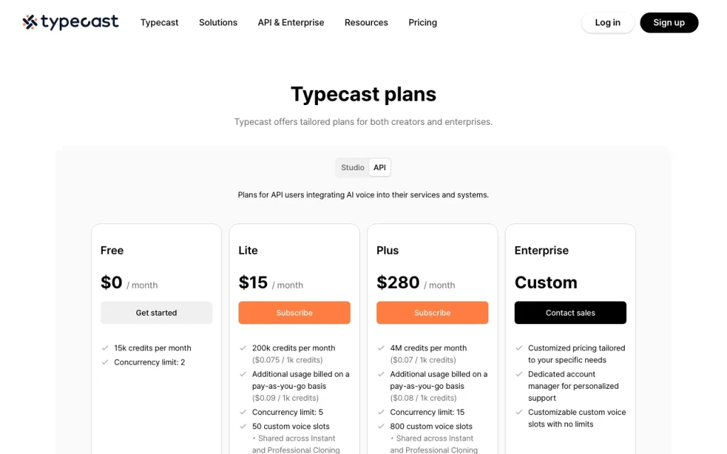 Typecast API pricing page with plans and prices — screenshot of the audio & voice AI tool, Oct 1, 2026