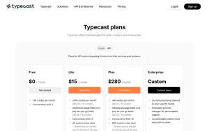 Typecast API pricing page with plans and prices — screenshot of the audio & voice AI tool, 2026-10-01