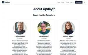 Updaytr about page — screenshot of the productivity & writing AI tool, 2026-10-02