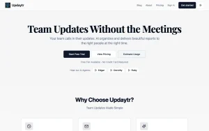 Updaytr homepage — screenshot of the productivity & writing AI tool, 2026-10-02