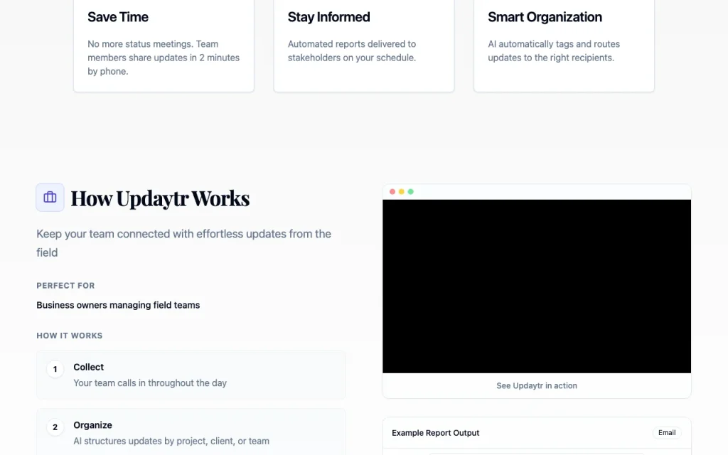 Updaytr homepage — screenshot of the productivity & writing AI tool, Oct 2, 2026