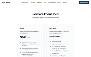 UserTrace pricing page with plans and prices — screenshot of the coding AI tool, 2026-10-02