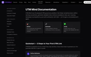 UTM Mind docs page homepage screenshot, productivity & writing AI tool